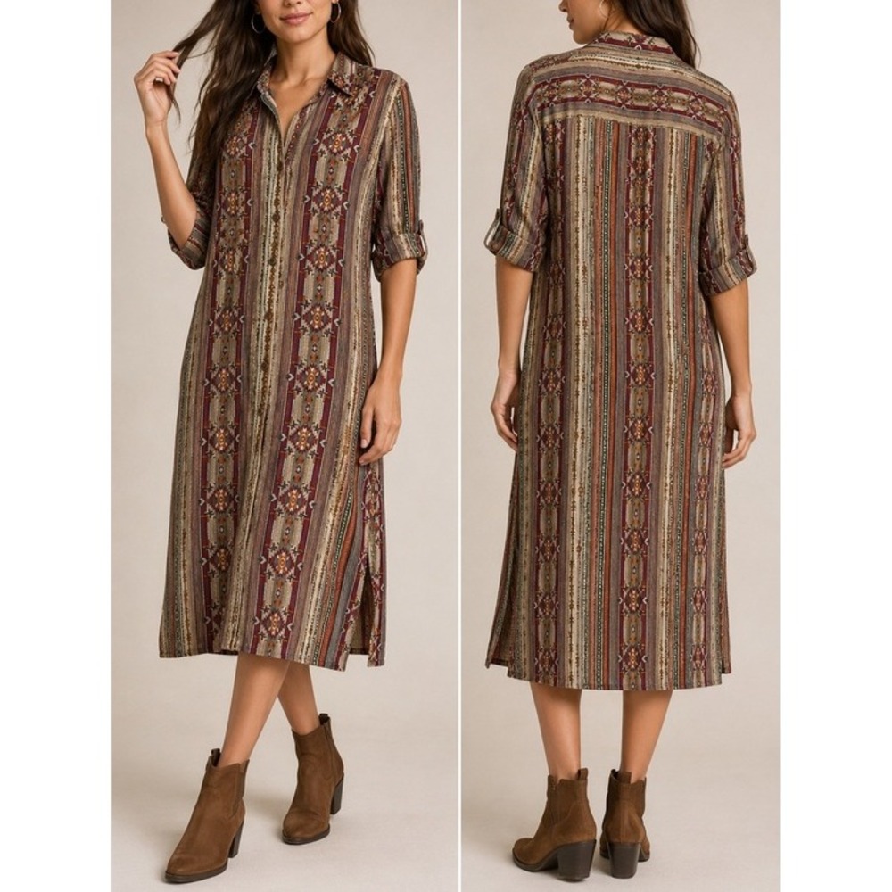 APNY Womens Southwestern Button Up Shirt Dress Tunic Midi Sz S Cupro Boho
